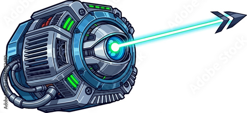 Sci-fi mechanical orb with glowing eye emits a targeting beam