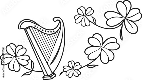 Black and white of a harp with shamrocks Ireland Irish symbol