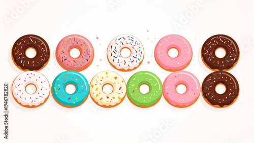 Collection of six playful donuts with different icing and toppings arranged in two rows flat colorful vector illustration set