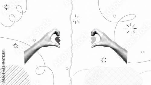 Retro Halftone Hands Holding Broken Heart Pieces Apart, Love Breakup Separation Concept, Minimal Abstract Relationship Conflict Illustration