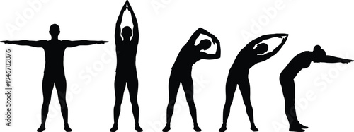 Silhouette illustration of person performing stretching exercises, showing fitness routine, warm‑up poses, flexibility, and physical activity in health and wellness concept