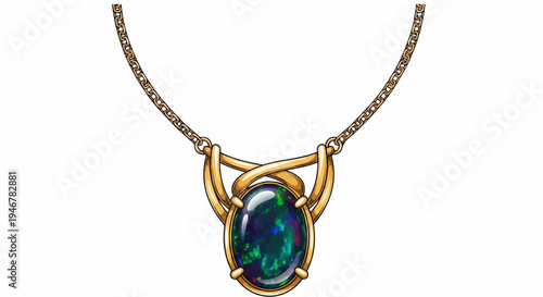 Elegant gold necklace featuring a large, multifaceted dark oval gemstone with vibrant green and blue hues
