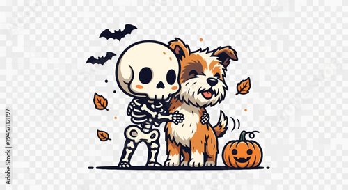 A cute cartoon skeleton and a dog embrace, with bats and leaves for Halloween