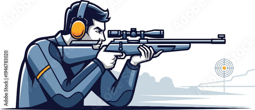 A focused marksman with a rifle and scope aims at a distant target on a bright day
