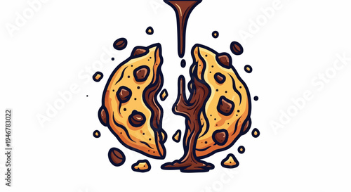 Chocolate chips melt into a broken cookie as rich sauce flows down