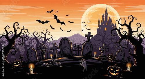 Spooky graveyard with a castle, full moon, bats, pumpkins, and zombies under a twilight sky