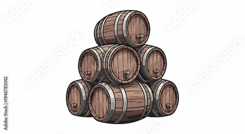 A stack of seven wooden barrels, varying in size, with metal bands