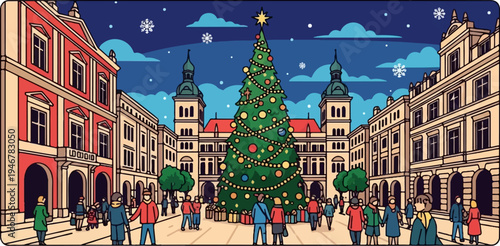Festive Christmas tree and people in a snowy European city square at night