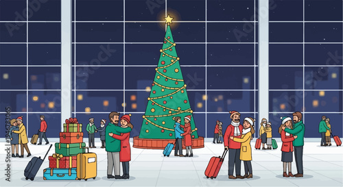 Festive travelers hug under a Christmas tree at night, luggage awaits