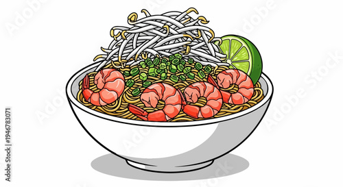 A bowl of noodles with shrimp, bean sprouts, green onions, and a lime wedge