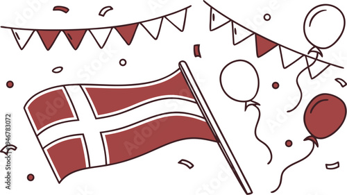 Denmark flag waving with bunting balloons national holiday Constitution Day celebration