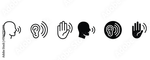 Black icons of people listening and silence gestures on white background