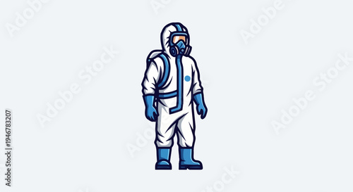 Cartoon hazmat suit wearer with gas mask and backpack