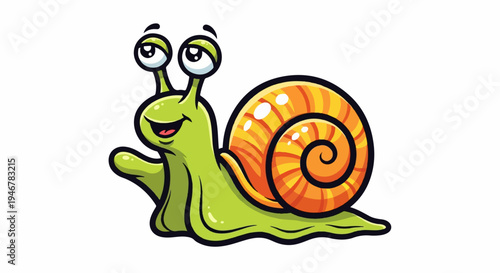 A cheerful, cartoon-style green snail with large eyes waves hello, its orange swirled shell prominent