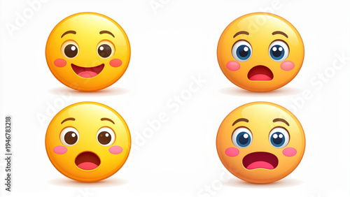 Four colorful emoji faces showing happy sad surprised and angry emotions flat playful vector illustration set isolated
