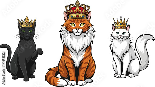 Three regal felines, a black, orange tabby, and white cat, adorned with golden crowns