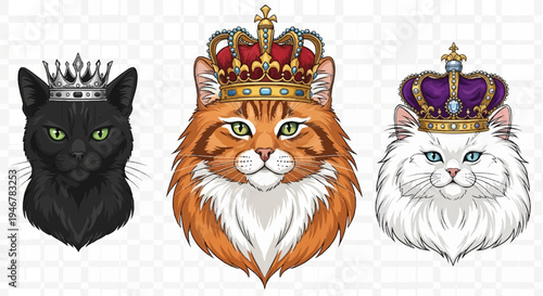 Three regal cats adorned with jeweled crowns, depicted with expressive eyes and detailed fur textures