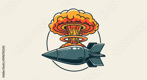 A stylized, dark bomb streaks past a vibrant mushroom cloud within a circular frame