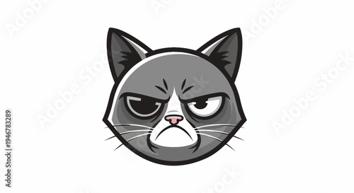 Grumpy cat illustration, a gray feline with a perpetual frown and furrowed brow