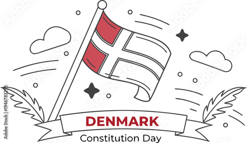 Denmark flag waving with Constitution Day banner and national symbols Danish flag