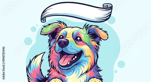 Vibrant, pixelated dog with a blank banner above its head, set against a light blue background with bubbles
