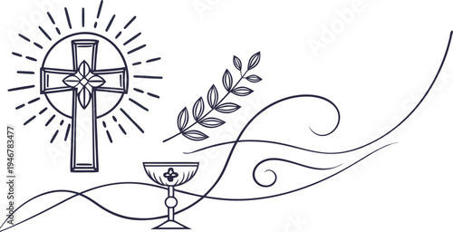 Black line of cross chalice and olive branch for Corpus Christi Christian