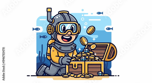 A cartoon diver finds a treasure chest overflowing with gold coins and diamonds underwater
