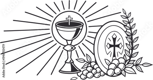 Corpus Christi Christian celebration symbols chalice host grapes cross leaves