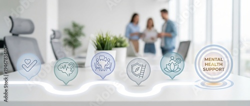 mental health support, workplace wellness, employee assistance, corporate culture, psychological health, stress management, burnout prevention concept in a bright modern office.
