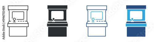Arcade gaming machine icon set. Retro video game cabinet symbol. Entertainment and gaming technology concept. Line, solid and color style. Vector illustration.