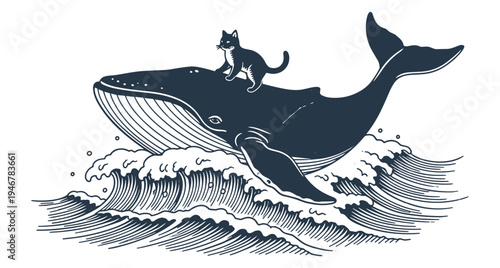 Cat on a Whale Surfing Ocean Waves Illustration