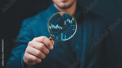 A businessman holds a magnifying glass revealing a detailed digital stock market graph, symbolizing close financial analysis.