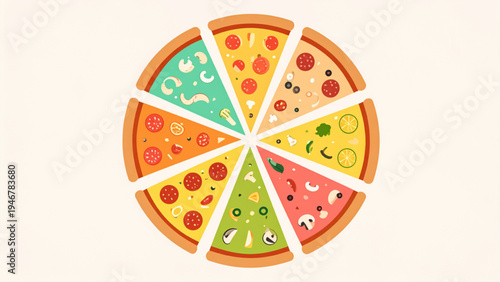 Colorful circular pizza divided into eight slices with toppings flat decorative food vector illustration isolated on white background