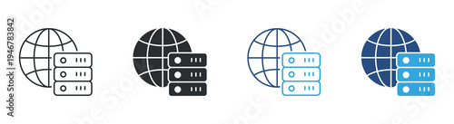 Global server network icon set. Internet hosting and data center technology concept. Cloud infrastructure symbol. Line, solid and color style. Vector illustration.