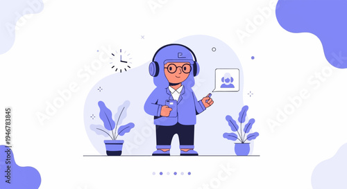 Illustration of a person with headphones and a phone in a minimalist setting