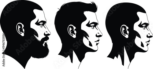 Silhouette illustration of male head profiles with different hairstyles and facial hair, showing grooming styles, haircut variations, and beard fashion in men’s appearance concept