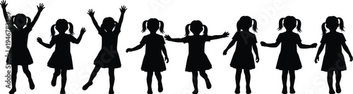 Silhouette illustration of young girl with pigtails in dress and boots, showing dynamic poses, gestures, and movements for animation, design, and educational creative projects