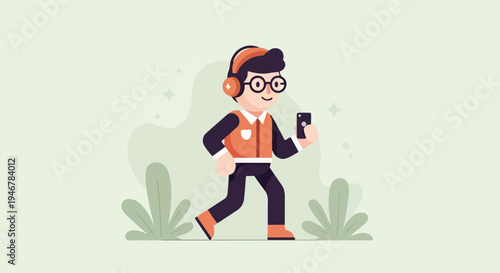 Cheerful person with headphones and phone, walking past greenery