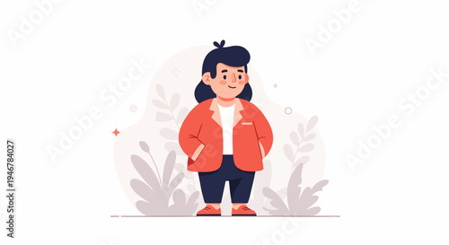 A stylized person in a red jacket, white shirt, blue pants, and red shoes stands amidst abstract foliage