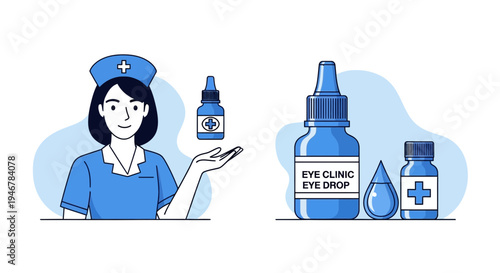 Medical Professional Presenting Eye Drops and Clinic Illustration for Vision Care