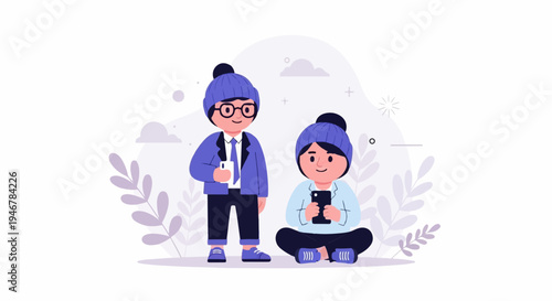 Two friends in winter hats engrossed in their mobile devices, a gentle backdrop of muted foliage and subtle geometric shapes