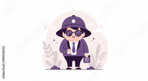 Cute cartoon figure in a suit, hat, and glasses, holding a briefcase