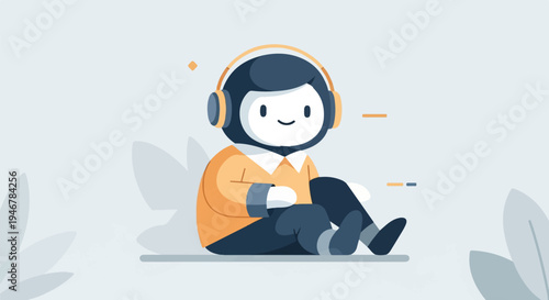Friendly cartoon robot with headphones, sitting down, wearing an orange shirt and dark pants