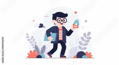 Enthusiastic person holding a colorful egg, carrying a folder, with plants