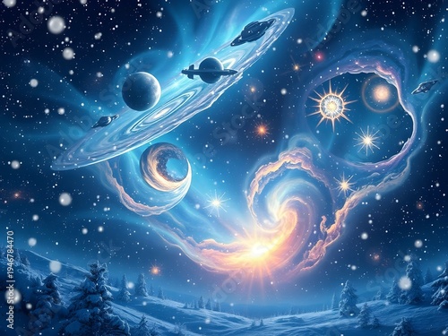 A surreal cosmic sky with swirling galaxies, planets, and radiant stars above a snowy winter landscape. Dreamlike space fantasy blending the universe with a peaceful frozen night.