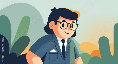 A stylized, happy person with dark hair and glasses in a suit, set against abstract plant shapes