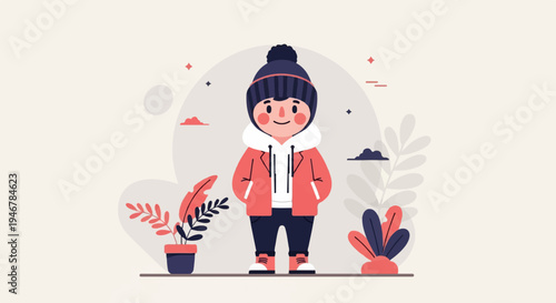 A flat illustration of a cheerful child wearing a winter outfit and standing among stylized plants and clouds