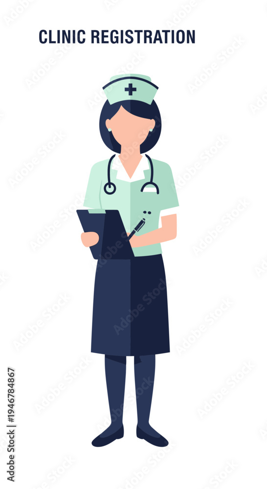 Fototapeta premium Medical Professional Standing Holding Clipboard in Clinic Registration, Healthcare, and Assistance