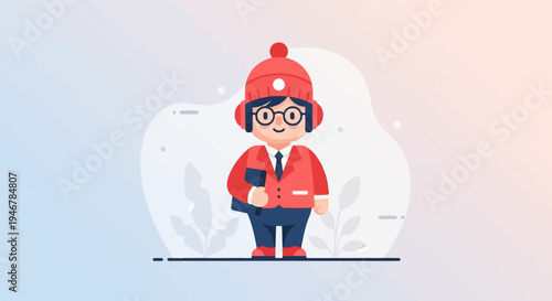 Cheerful character in a red hat and coat, holding a book, against a soft, gradient background