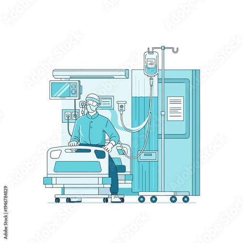 Medical Professional Standing Beside Patient Bed in a Hospital Room Illustration Artwork